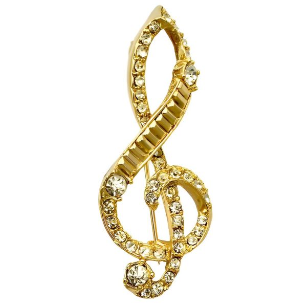Gold Plated Treble Clef Brooch with Clear Crystals circa 1980s